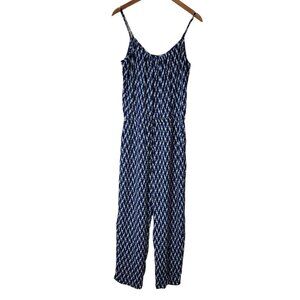 Karen Kane Womens Jumpsuit‎ L Blue White Ikat Print Boho Resort Made in USA